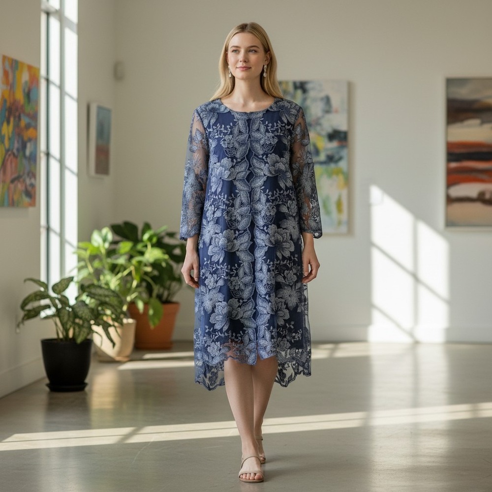 Alex Evenings  Silver Blue Floral Embroidered Dress Wedding Mother 20W Formal